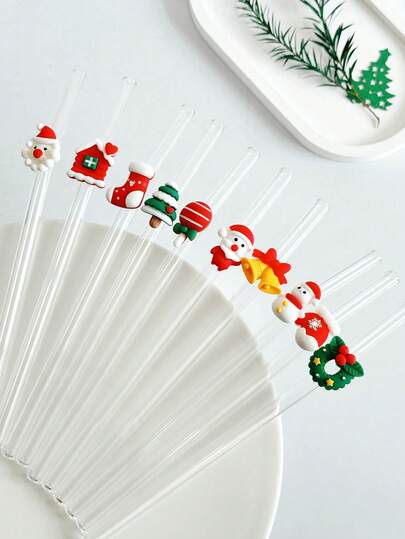 1pc Cartoon Christmas Series Reusable Glass Straw, Transparent Smoothie, Milk Tea, Juice, Milk, Cocktail, Cold Drink Party Cartoon Christmas Series Bent Glass Straw