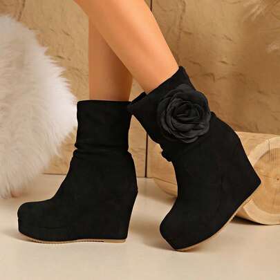 Women's Autumn/Winter Platform Chunky Heel Mid-Calf Boots, Floral Embellished Waterproof Wedge Boots