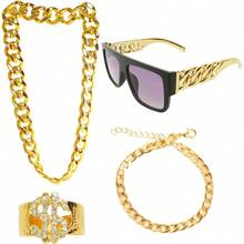 4Pcs 80s 90s Hip Hop Costumes Outfit Kit Accessories Fake Gold Chain Necklace Sunglasses For Men Women Rapper DJ Punk