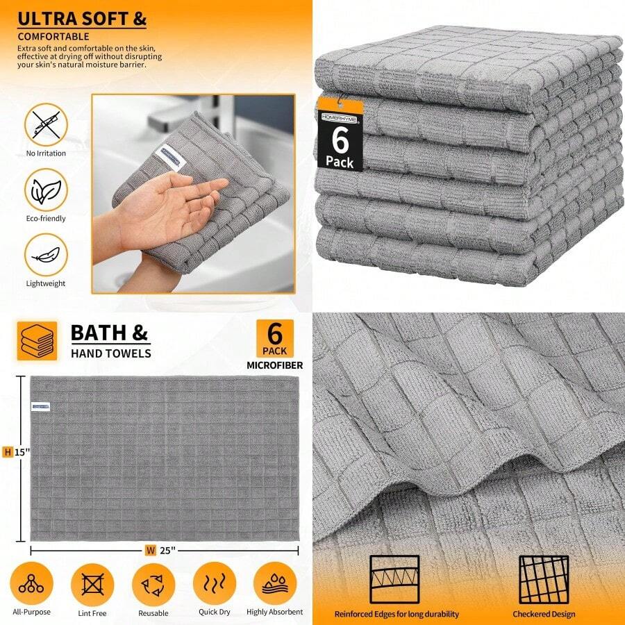 Hand Towels 6 Pack 25''*15'' Grey Microfiber Hand Towels For Bathroom Kitchen AllPurpose Quick Dry Lint Free Soft Absorbent Checkered Washcloths Bath Towel Bulk For Travel Gym Hotel Spa