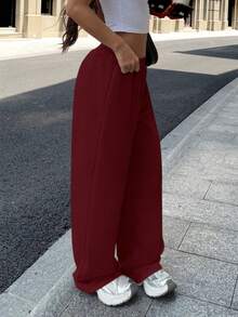 Pantalones de chándal sueltos y casuales de unicolor con cintura elástica - Burdeos - Ver 3