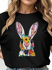 Blusa casual y versátil con estampados de conejo, flores y bordados - Tela suave, elástica y cómoda, negra para el verano - Negro - Ver 3