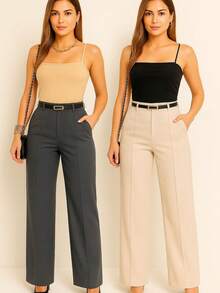 Kit 2 Women's Wide Leg Pants With Belt - 米色/灰色 - 查看 3