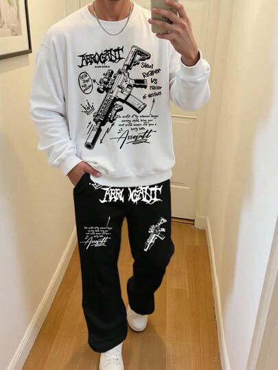 Men's Autumn/Winter Regular Sweatshirt And Sweatpants Set, Personalized Printed Casual Outfit With Pockets, Sports Long Pants 2 Pieces Suit