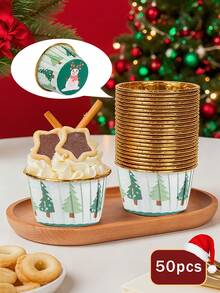 50pcs-Christmas Cake Paper Cups, Dessert Cup,Muffin Cups,Cupcake Cups For Bakery Paper Cups, Cupcake Cases, Waterproof And Oil Resistant Paper, Cake Molds,Desserts Table Baking Muffins, Chiffon, Mousse Cupcakes High Temperature Aluminum Foil Cupcake Cups Bread Oven Cake Trays Suitable,Christmas Theme Party