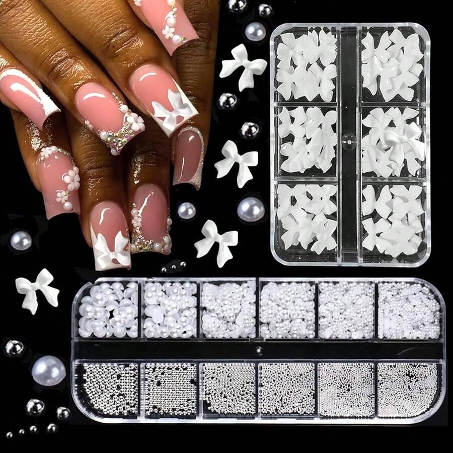 Nail Charms & Pearls - Bow-Knot Nail Accessories In Silver & White, Half Round Beads, Luxurious Design - DIY Crafts{"Color_name":"Colorful-28"} - 彩色-28 - 查看 1