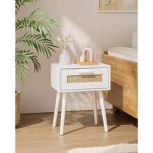 Bedroom Nightstands Wooden Night Stands With Rattan Weaving Drawer  Bedside End Table For Bedroom Storage (Bohemian-White)