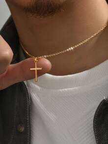 Fashionable And Popular Men's Cross Necklace In Copper Material, Available In Multiple Quantities, Ideal As Jewelry Gift For Fashionable Look - Yellow Gold - View 5