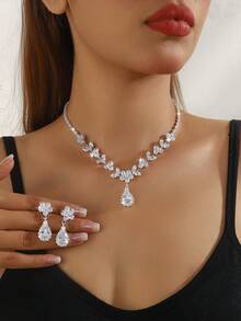 3pcs Zirconia Flower & Water Drop Elegant Necklace Earrings Jewelry Set, Suitable For Daily, Bridal, Wedding, Party