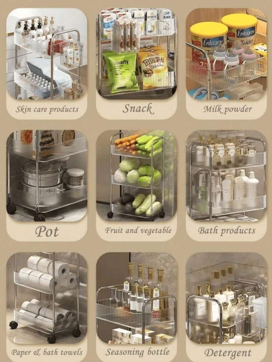 Carrito utilitario de plástico con ruedas de 4 niveles, organizador de almacenamiento multifuncional para el hogar, oficina, cocina y baño, delgado y transparente, 8.2"An * 13"L * 35.8"Al