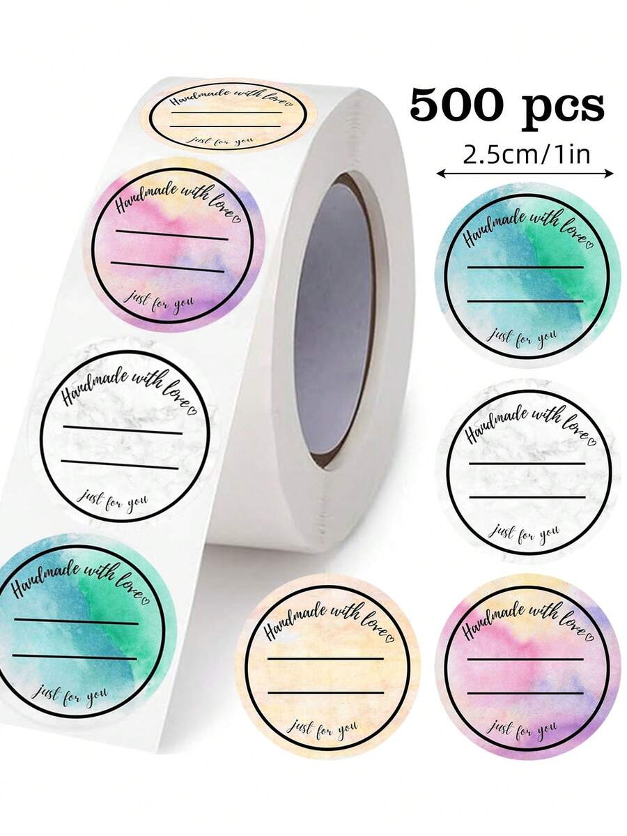 1 Rollo (500 piezas) Pegatinas redondas hechas a mano con amor, 1 pulgada, 4 colores, escribibles a mano, etiquetas impermeables de PVC removibles, ideales para pequeños negocios, repostería, catering, decoración de embalaje DIY - Deja una pegatina de agradecimiento - Ver 1