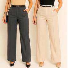 Kit 2 Women's Wide Leg Pants With Belt - 米色/灰色 - 查看 2