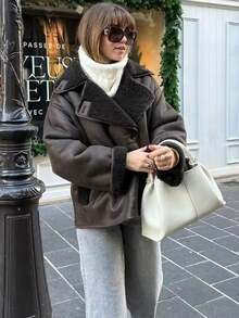 女士复古仿皮夹克，保暖羊毛混纺单排扣大衣，带口袋，秋冬季高街外套 - 棕色 - 查看 7