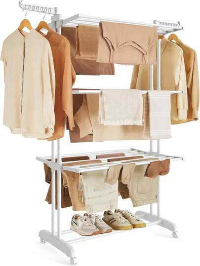 SONGMICS Tendedero de Ropa Plegable de 4 Niveles con Ruedas, Alas Abatibles, Gran Capacidad, Resistente y Fácil de Montar, para Interior y Exterior