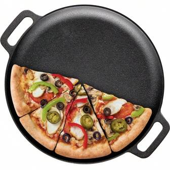 Cast Iron Pizza Pan With Double Handles, Skillet - Suitable For Flatbreads, Grilling, Oven, Stovetop, Bonfire, Outdoor Cooking, Baking, Camping - Durable, Even Heating, Multi-Functional Cast Iron Baking Pan