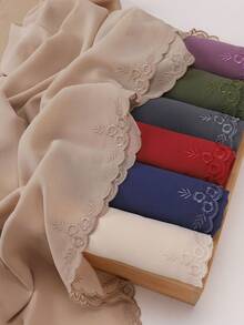 1pc Women's Solid Color Embroidered Lace Chiffon Muslim Hijab Scarf For Abaya
