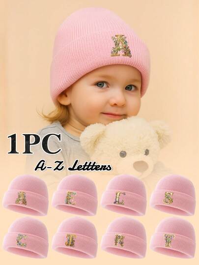1 peça de gorro de malha com estampa floral e de letras para bebês, elegante, versátil, fofo, macio, confortável e quente, adequado para bebês de 0 a 6 meses/1 a 3 anos, uso diário no outono/inverno
