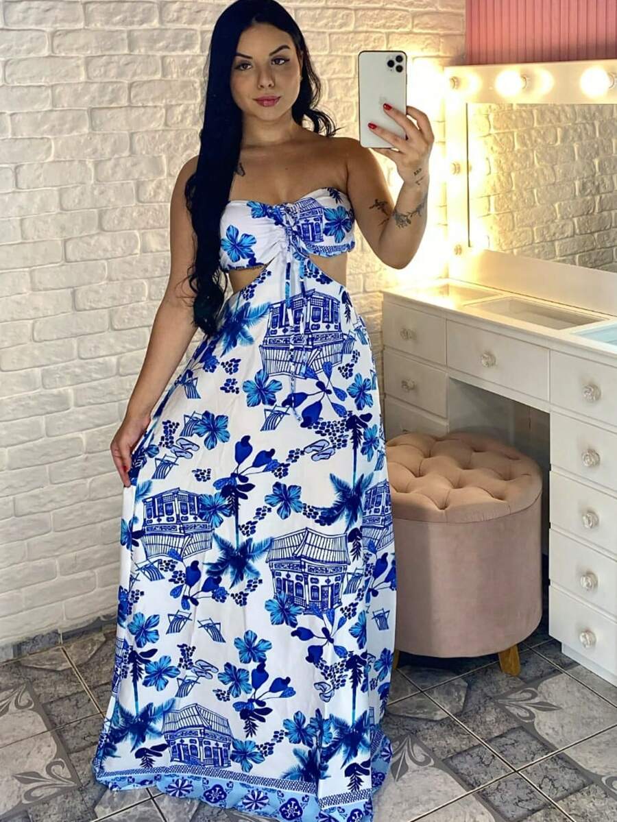 Printed Long Dress With Padded Summer 4 Ways To Wear - màu xanh lam - Xem 1