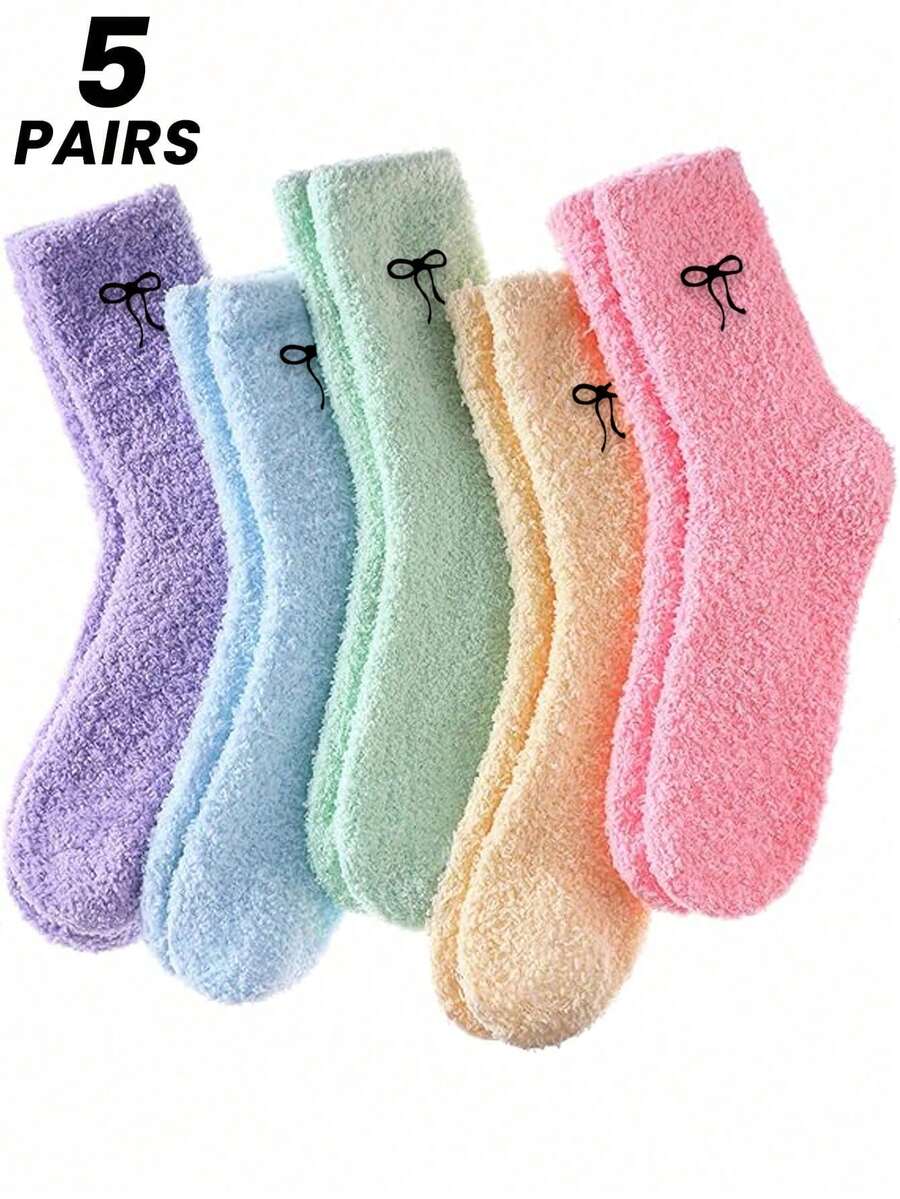 1/3/5 perechi de șosete din fleece coral pentru femei, șosete de dormit groase și calde, șosete de podea pentru acasă pentru postpartum, toamnă/iarnă, mărime universală 35-43, model brodat cu funde, șosete confortabile - Multicolor - Vizualizare 1