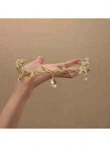 水钻皇冠头饰，万圣节服装派对，柔软仙女耳朵皇冠发箍，女士款，魔法森林精灵头饰，适合文艺复兴集市和奇幻服装配饰，皇冠，发箍，发圈，藤蔓，嘉年华配饰，婚礼，准新娘，头饰 - 金色 - 查看 1