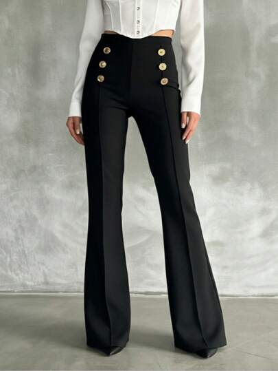Pantaloni a zampa di elefante neri con dettagli a bottoni per donna