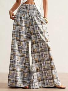 Women's Plaid Woven Fabric Wide Leg Pants, Pleated Waist, Non-Stretch, Casual Style