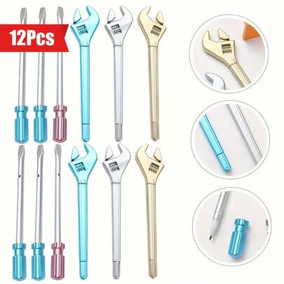 12pcs Ink Pens Tool Decor Fountain Pen Screw Driver Funny Gel Pen Funny Pens Fun Pens Writing Pens Sign Pens Wrench Screwdriver Shaped Pens Pull Cap Plastic Multifunction
