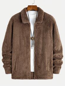 男士休闲保暖内衬纯色防风夹克，适合运动、户外活动和日常穿着。 - 卡其色 - 查看 3