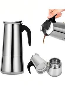 Cafetera de acero inoxidable plateada con mango resistente al calor, apta para cocinas eléctricas y de gas, pero no para cocinas de inducción. Apta para todo tipo de cocinas, para uso doméstico y de camping. Cafetera clásica de acero inoxidable, apta para inducción/llama abierta. Cafetera de acero inoxidable, moka italiana, cafetera/molinillo de mano portátil de estilo europeo, equipo de camping, fácil de transportar, utensilios de cocina.