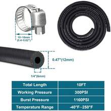1/4 Fuel Line, Fuel Line Hose 10 Feet, NBR Rubber Gasoline Tube With 10 PCS Stainless Steel Fuel Line Clamps, Fuel Line Kit