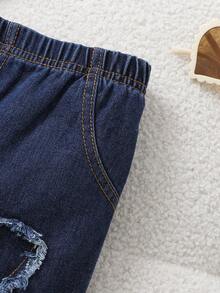 Baby Girl Heart Decor Casual Denim Pants, Summer - Navy Blue - View 4
