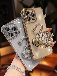 奢华电镀透明金色手机壳，带创意天鹅支架，水钻闪光 Y2k 风格，防摔，防掉落，夏季新款时尚硅胶防震保护软壳，兼容 16 16e 15 14 13 12 11 X XS XR 8 7 Plus Pro Max Mini、Samgsung Galaxy S24 S25 Ultra、兼容小米 Redmi、兼容华为 Honor OPPO Reno MOTO Infinix Women 2025