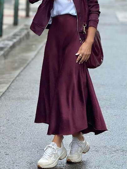 Jupe parapluie de style élégant et décontracté à la française pour femmes, de style Top de gamme en satin, pour les fêtes de Noël et de Thanksgiving. Longue jupe rouge pour invitée de mariage, pour le Nouvel An