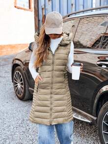 Long Hooded Quilted Vest For Women, A Lightweight And Warm Transitional Vest With A Comfortable Style, Double Zipper And Practical Pockets, Perfect For Everyday Looks, Walks And Travel In Autumn And Spring - Khaki - View 2