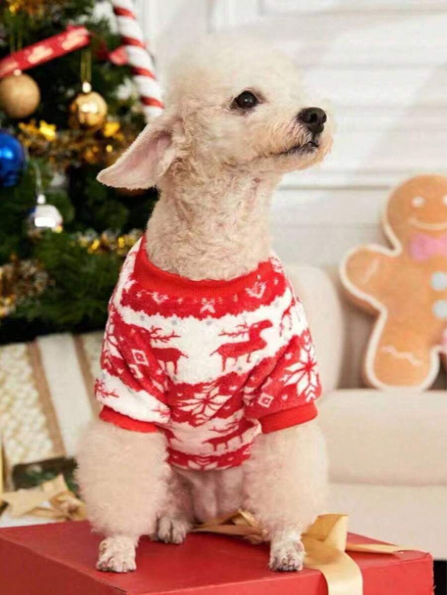 秋冬宠物服装，猫咪服装，保暖加厚狗狗服装，圣诞图案宠物连帽衫，泰迪熊、博美犬可爱款式 - 紅白色 - 查看 1