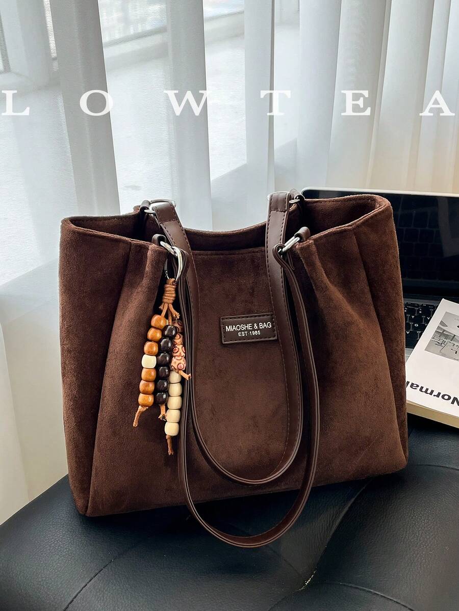 low tea 1 chiếc túi tote da lộn màu trơn, túi đeo vai dung tích lớn có khóa kéo, thích hợp cho đi làm, du lịch, mua sắm, hẹn hò, văn phòng, trường học, công việc, kinh doanh, hoạt động ngoài trời, dã ngoại (Đã bán kèm mặt dây chuyền) - Cà phê - Xem 1