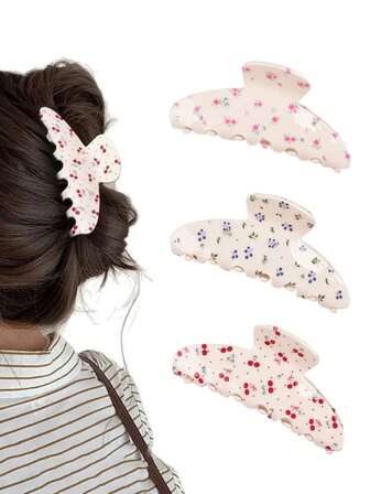 1pc/3pcs Rhinestone Embellished Hair Clips, Pink Rose Hair Claw - Red Cherry Blossom Hair Clip - Purple Floral Ponytail Clip, Fashionable Hair Accessories Suitable For Seasons, Parties, Holidays And Various Occasions,Gifts,Travel,Gifts For Women,Hair Stuff,Stocking Stuffers