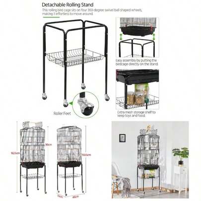 Large Bird Cage Open Top Parrot Cage Metal Budgie Cage With Rolling Stand Medium Canary Cockatiel Cage