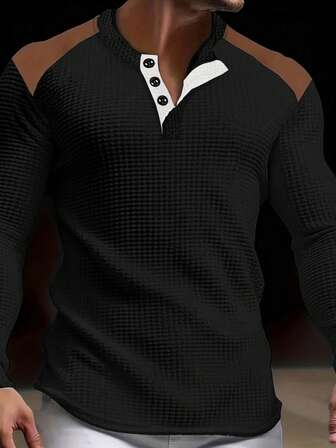 Men's Textured Waffle Knit Colorblock Henley Shirt, Casual Outdoor