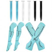 8 Pcs Halloween Sally Cosplay Accessories Set For Girls Women Faux Stitched Arm And Leg Warmers Blue White And Black Wig For Monster Inspired Costume Adult