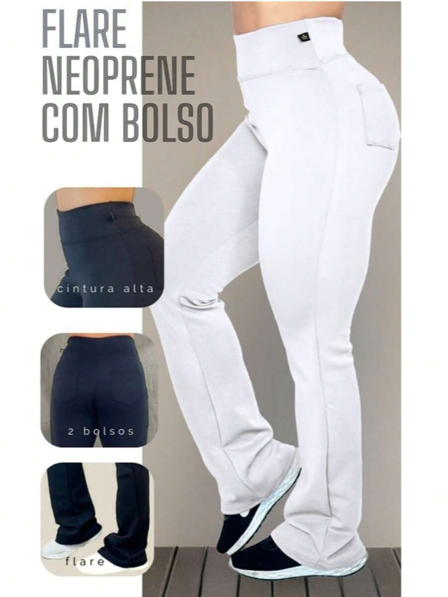 Neoprene Flare Pants With Cero Pocket, Transparency, High Waist - 白色 - 查看 1