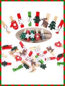 20-Pack Wooden Christmas Clothespins - Mini Decorative Craft Pegs For Photo Hanging, Wedding Embellishments - Multifunctional Holiday Shapes Clip Set For Party, Birthday, Home Decor - Christmas Trees, Gloves, Reindeers, Snowflakes - No Electricity Needed, Hanging Attachments Included, Wooden Christmas Clothespins