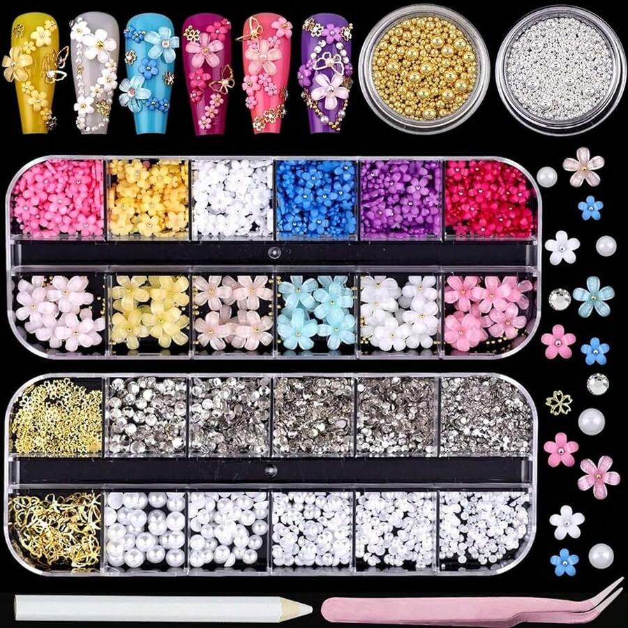 Nail Art Pearls Flatback Rhinestones Flower Nail Charms Gold Silver Beads White Half Round Supplies Luxurious Design Jewelry DIY Crafts Accessories For Women Manicure Decorations{"Color_name":"Colorful-16"} - 彩色-16 - 查看 1