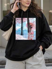 Customized Plus Size Women Hooded Sweatshirt, Personalize With Your/Friend/Family/Couple/Pet's Photo, Upload Fun Images, Suitable For Birthday, Anniversary, Valentine's Day, Christmas - Black - View 3