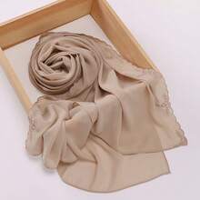 1pc Women's Solid Color Embroidered Lace Chiffon Muslim Hijab Scarf For Abaya