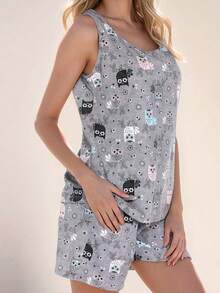 Women 2pcs Set Cartoon Owl Print Camisole And Shorts Pajama Set, Summer Loungewear - Multicolor - View 5