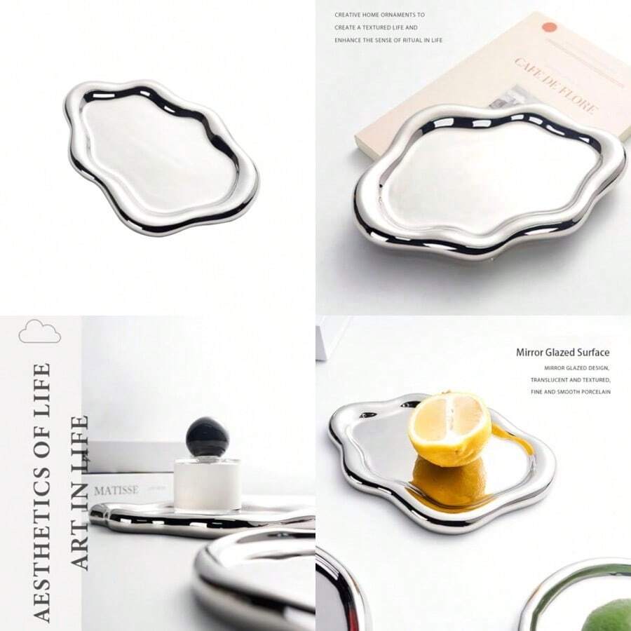Small Silver Tray Ceramic  Jewelrys Dish Jewelry Ring Chrome Tray Jewelry Necklace Organizer Silver