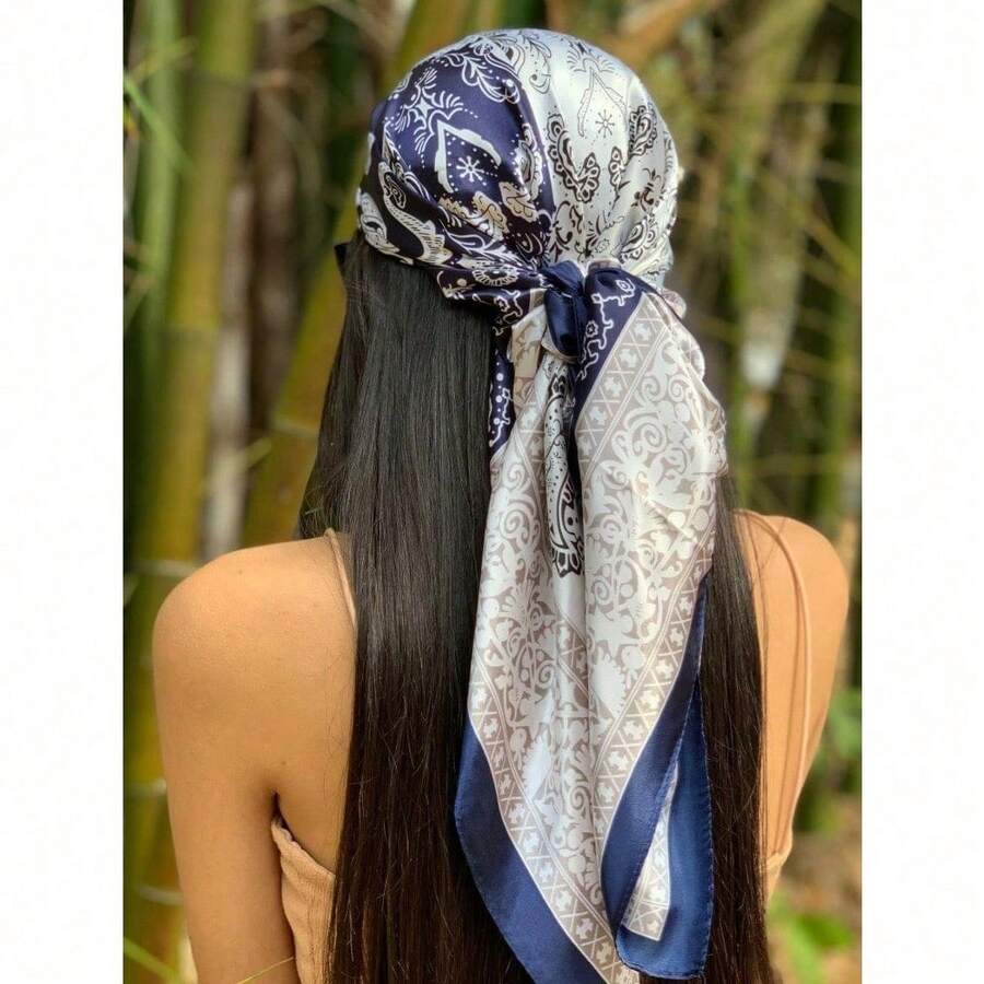 1PC Women's Red And White Paisley Printed Bandana Square Towel, 90CM Large Women's Satin Square Silk Feeling Hair Scarf Wrap Headscarf - 藍白色 - 查看 1