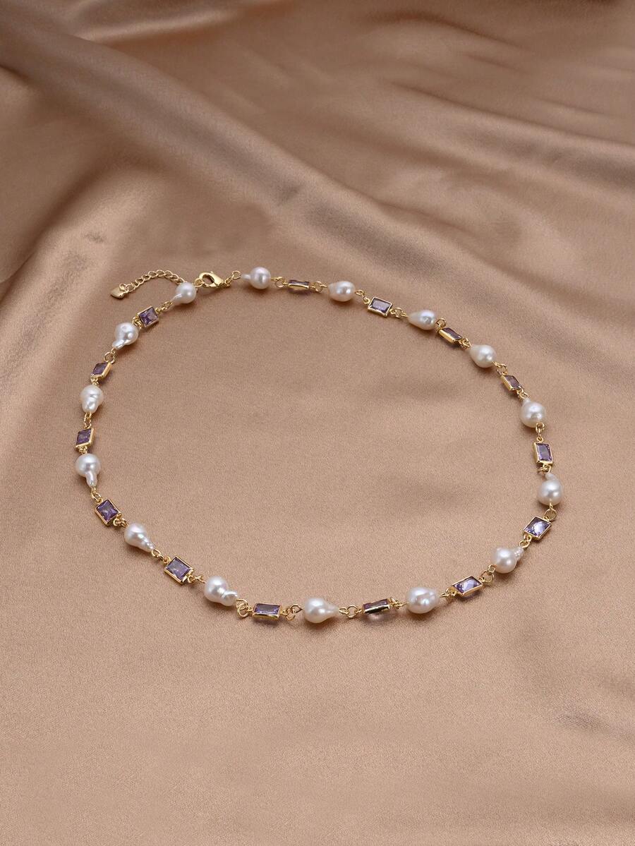 1pc 18K Gold Plated Natural Pearl & Cubic Zirconia Waterdrop Pendant Necklace, Gift For Mother's Day, Valentine's Day, Birthday, Wedding, Engagement, Bride