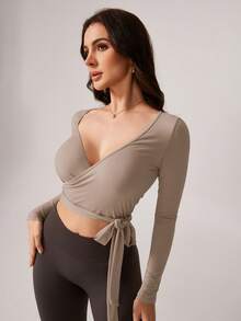 NcmRyu 1 件女式弹力性感 V 领系带扭结短款长袖运动 T 恤 - 卡其色 - 查看 8